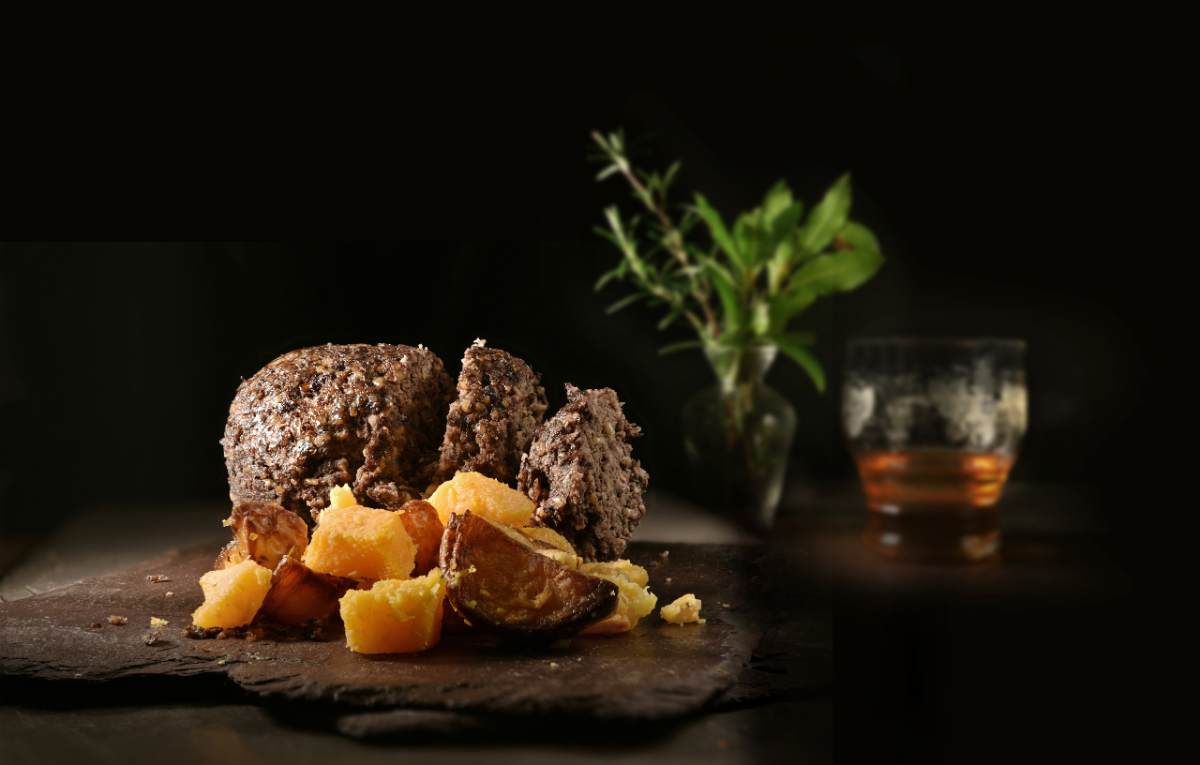 Traditional Haggis, Neeps and Tatties with a whisky